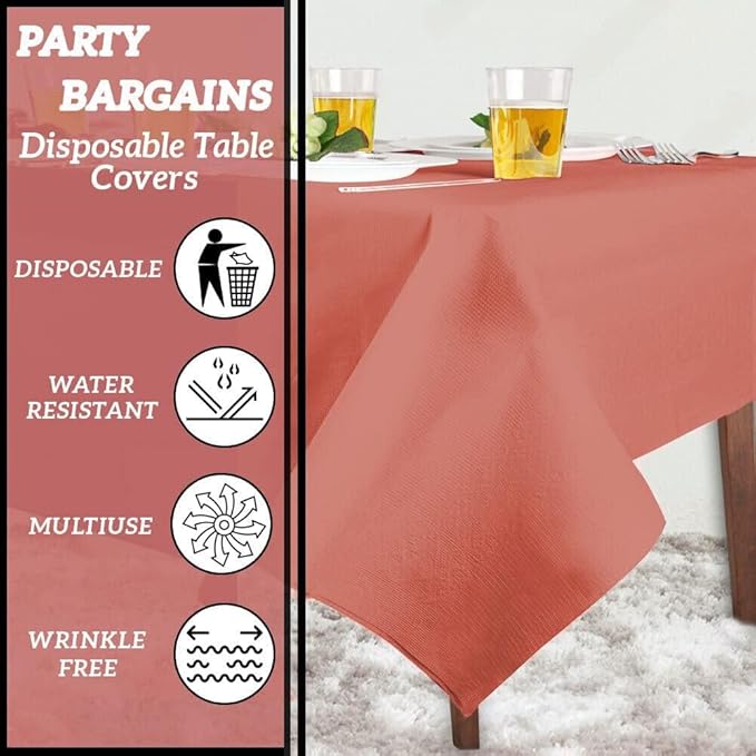PARTY BARGAINS Disposable Table Covers, 54 x 108 Inch, Red, 3-Ply Paper & Plastic Spill-Resistant Party Tablecloths, 10 Pack