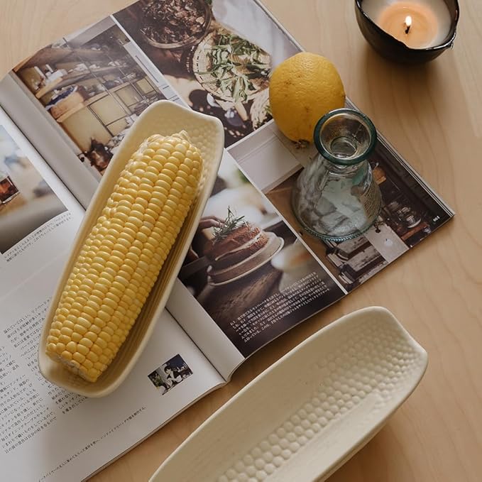 WENSHUO Ceramic Corn Cob Holders, Corn Dishes Set of 4, Microwave Safe, L9 * W3, Matte Cr챔me (Matte Cr챔me)