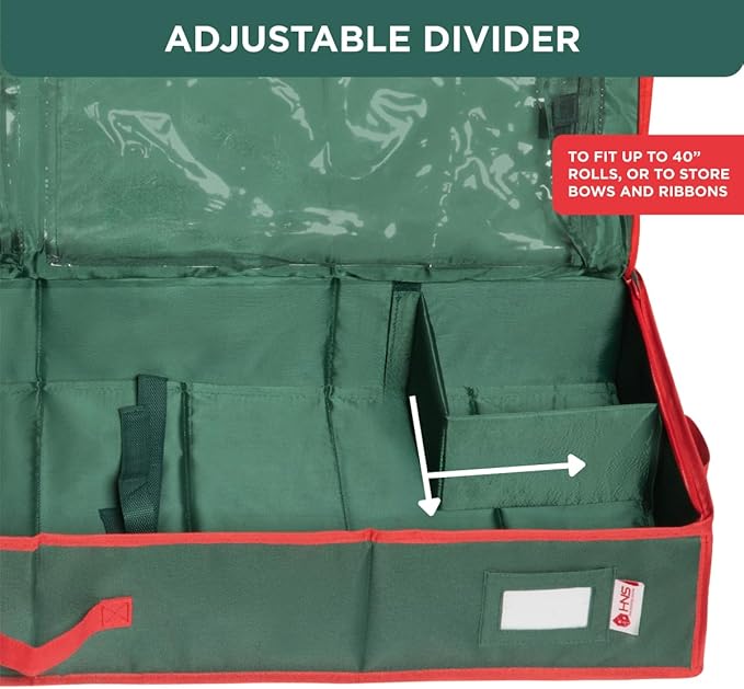 HOLDN??STORAGE Premium Wrapping Paper Storage Container - Durable 600D Tear-Proof, Fits 27 Rolls Gift Wrap, Extra Pockets for Ribbons & Bows, Underbed Storage - Ideal for Holiday Christmas, Green