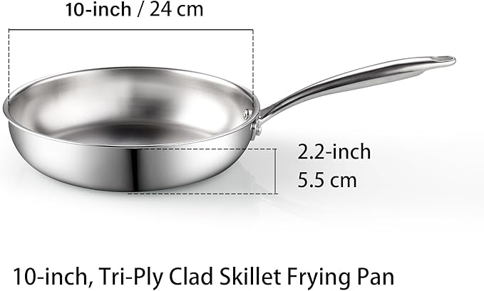 Cook N Home 10-inch Stainless Steel Frying Pan, Tri-Ply Clad 18/10 Stainless Steel Skillet Saut챕 Cooking Fry Pan, Induction Cookware, Silver