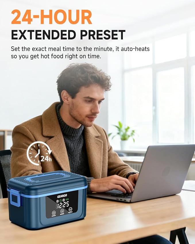GEARGO ?윇?윃?윇?윍 ?릶?맗?맆?맜?릾?맃?맄?맃 Cordless Electric Lunch Box, 1.6L & 24000mAh Rechargeable Heated Lunch Box with Ice Crystal Box, 24 Hours Scheduled Self Heating Lunchbox For Work Men Women(Blue)