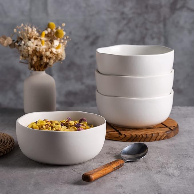AmorArc Stoneware Cereal Bowls for Kitchen, 28oz Large Ceramic Soup Bowls Set of 4 for Meal, Snacks,Soup, Oven, Microwave&Dishwasher safe Kitchen Bowls with Wavy Rim, Matte White