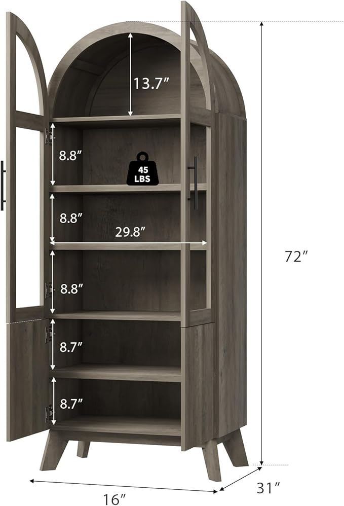 QUW 71" Modern Fluted Display Cabinet, Fluted Arched Pantry Cabinet, Tall Kitchen Storage Pantry with Adjustable Shelf, Storage Cabinet for Living Room, Dining Room, Grey