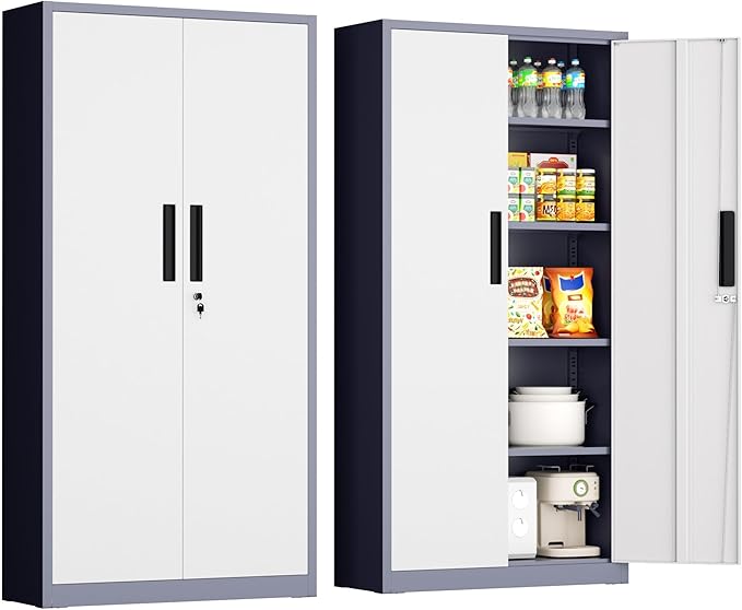 INTERGRAET 63" Tall Pantry Cabinet,Kitchen Pantry Storage Cabinets with 2 Doors and 4 Shelves,Gray White Metal Storage Cabinet,Cupboard for Home,Kitchen,Living Room/Dining