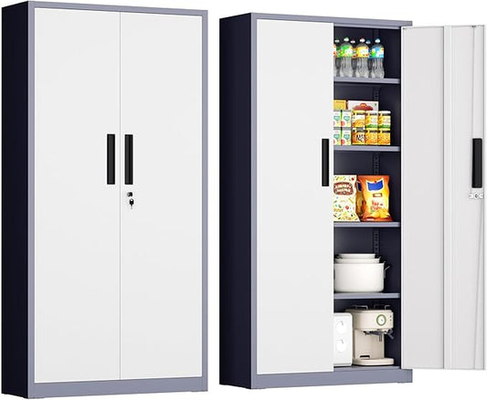 INTERGRAET 63" Tall Pantry Cabinet,Kitchen Pantry Storage Cabinets with 2 Doors and 4 Shelves,Gray White Metal Storage Cabinet,Cupboard for Home,Kitchen,Living Room/Dining