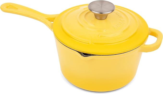 Larder & Vine Enameled Cast Iron Saucepan | 2.2 qt Sauce Pan with Lid | Saucepan with Pour Spouts | Enameled Cast Iron Pot Compatible on All Cooktops & Oven Safe to 500째 F | Limoncello