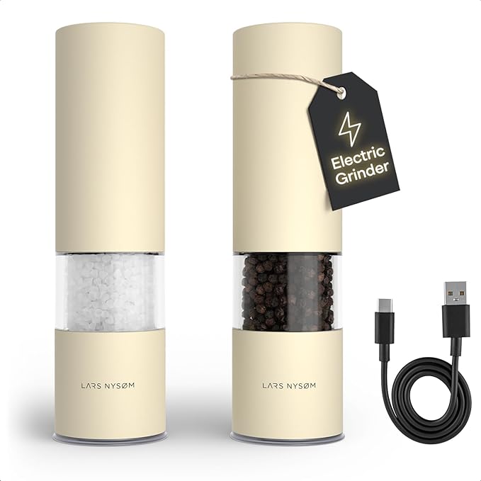 LARS NYS횠M Electric Salt and Pepper Grinder Set I Automatic Salt and Pepper Mills with Adjustable Ceramic Grinder I USB Rechargeable Electric Spice Mill Set with LED Light (Almond Beige)
