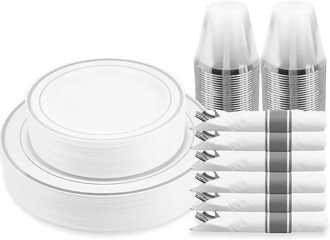 癤?75 Piece Silver Dinnerware Set,25 Silver Rim Plastic Plates, 25 Cups,25 Pre Rolled Napkins with Plastic Silverware, Disposable Dinnerware Set for 25 Guest