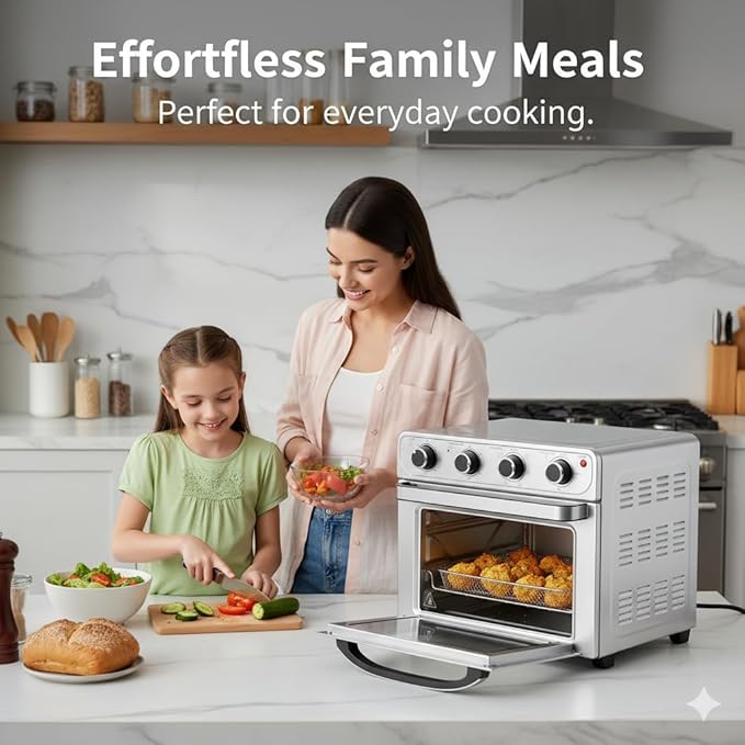 HealSmart 4-in-1 Air Fryer Toaster Oven Combo, 26QT Large Countertop Convection Oven with Bake, Broil, Roast & Dehydrate, Includes 12" Pizza Pan & Fry Basket, Stainless Steel, Energy-Efficient