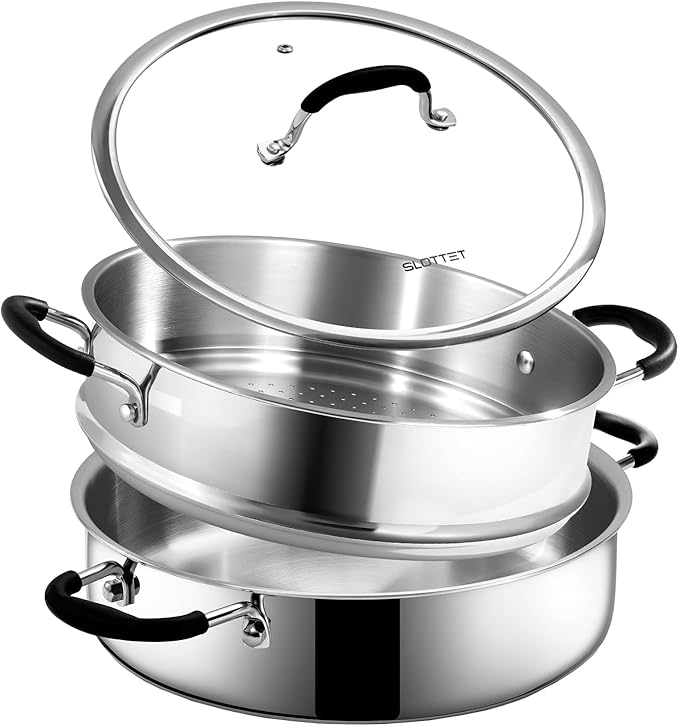 Tri-Ply Stainless Steel Saute Pan with Steamer, 5 Quart Deep Saut챕 Pan with Lid,11.5 Inch Frying Pan,Dishwasher and Oven Safe,Induction Stainless Steel Cookware