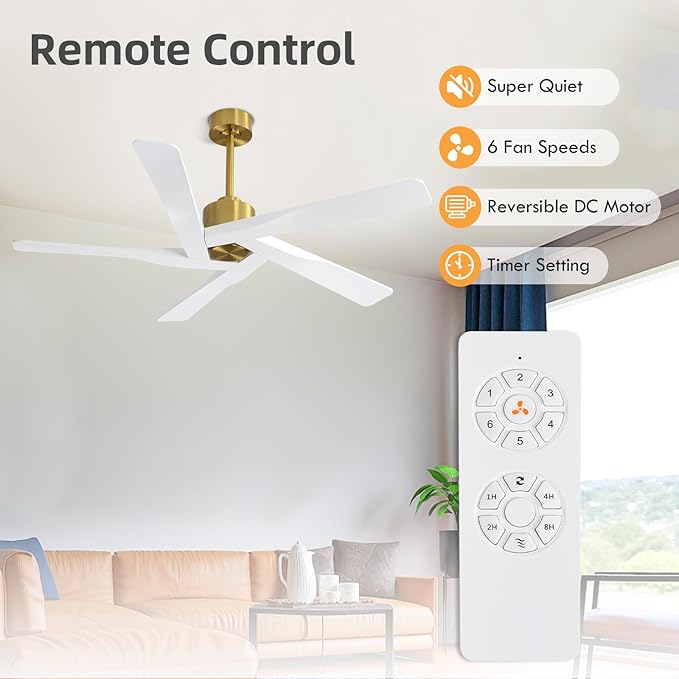 WINGBO 54" ABS DC Ceiling Fan No Light, 5 Blade ABS Plastic Ceiling Fan with Remote, 6-Speed Reversible DC Motor, Ceiling Fans without Light for Kitchen Bedroom Living Room, Brass and White