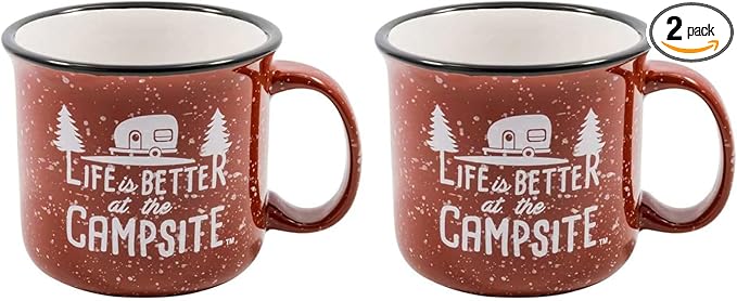 Camco Life is Better at the Campsite Ceramic Mug | Microwave and Dishwasher Safe | Speckled Red Background with White Life is Better at the Campsite Design | 14oz. (53235) (Pack of 2)