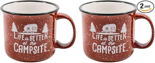 Camco Life is Better at the Campsite Ceramic Mug | Microwave and Dishwasher Safe | Speckled Red Background with White Life is Better at the Campsite Design | 14oz. (53235) (Pack of 2)