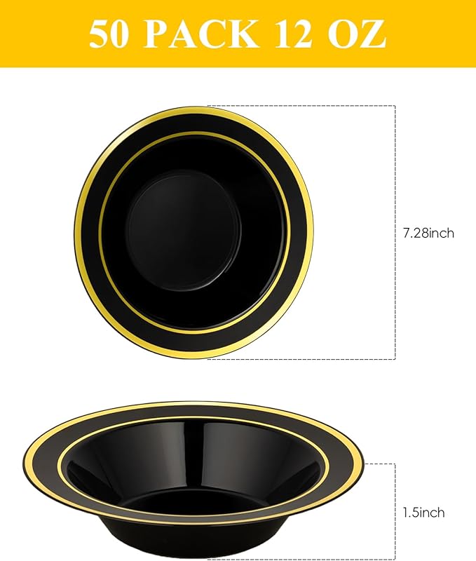 BESTSTAR 50 Pack Black Disposable Bowls with Gold Rim, 12oz Black Plastic Soup Bowls for Party, Wedding, Holiday,And Halloween