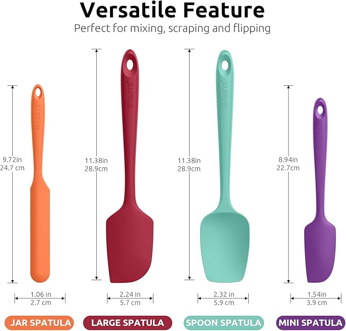 High Heat Resistant Silicone Spatula: U-Taste 600쨘F Hot-Proof Food Grade Rubber Kitchen Baking Scraper, Flexible and Sturdy Cooking Utensil for Mixing Scraping in NonStick Cookware (4PCS, Multicolors)