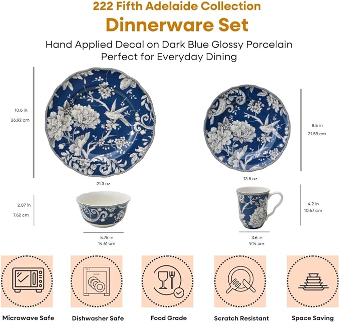 222 Fifth Adelaide 16-Piece Dark Blue Porcelain Dinnerware Set ??Service for 4, Plate, Bowl & Mug Set, Bird & Floral Design, for Everyday Dining & Entertainment, Microwave & Dishwasher Safe