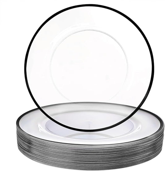 WDF 25 Pack Black Charger Plates - Clear Charges with Black Trim - 12inch Disposable Chargers Plates for New Year/Dinner Party/Wedding/Birthday