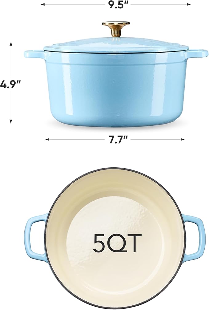 CAROTE 5QT Enameled Cast Iron Dutch Oven Pot with Lid, Heavy-Duty Dutch Ovens for Sourdough Bread Baking, Braising, Roasting, Dual Handles, Healthy & Non-Toxic, All Stovetop Compatible, Oven Safe up to 500째 F, Macaron Blue