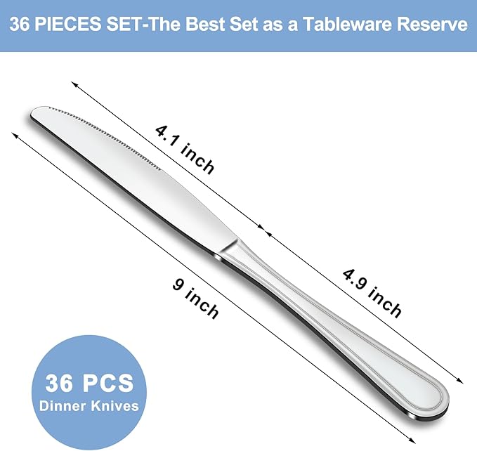 Dinner Knives Set of 36, 9??Butter Knives with Pretty Line Handle, Food Grade Stainless Steel Table Knife, Dishwasher Safe & Mirror Polished