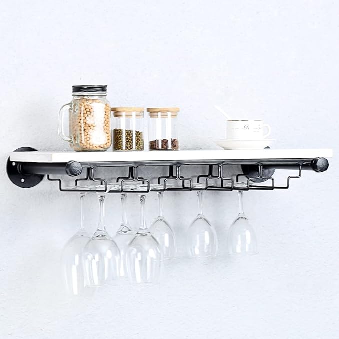Industrial Wine Rack Wall Mounted with 5 Glass Holder,Wine Glass Rack Floating Wine Glass Shelf,24in Pipe Shelving Hanging Wood Shelves