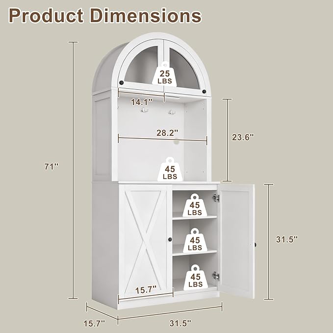 71" Tall Arched Kitchen Pantry Cabinet, Farmhouse Storage Cabinet with LED Light, Adjustable Shelves & Glass Door, Versatile Cupboard for Kitchen, Dining Room, Bathroom