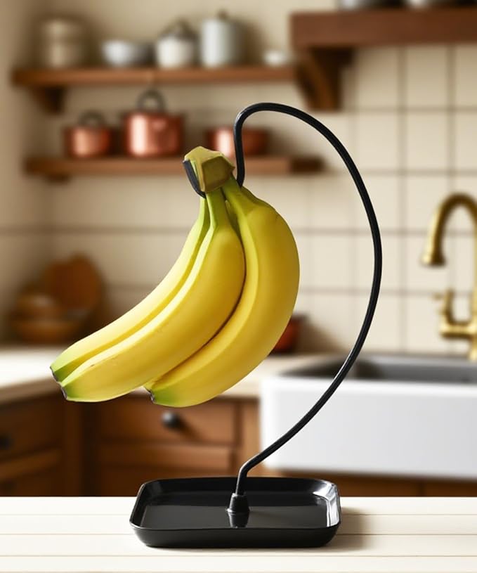 VROOMIUM Banana Holder Stand with Ceramic Bowl - Holds Up to 5 Pounds Bananas, Hassle-free Cleaning, Stylish and Chic Design Banana Rack, Black