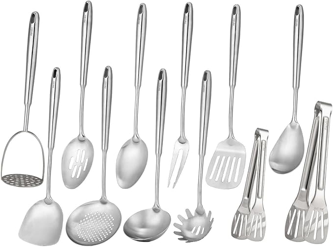 18/10 Stainless Steel Kitchen Utensils Set - 12 PCS All Metal Cooking Tools & 15??Serving Utensils - Potato Masher, Meat Fork, Tongs, Turner, Pasta, Serving Spoon, Skimmer, Ladle, Spatula Spoon Set