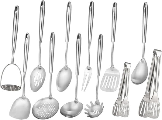 18/10 Stainless Steel Kitchen Utensils Set - 12 PCS All Metal Cooking Tools & 15??Serving Utensils - Potato Masher, Meat Fork, Tongs, Turner, Pasta, Serving Spoon, Skimmer, Ladle, Spatula Spoon Set