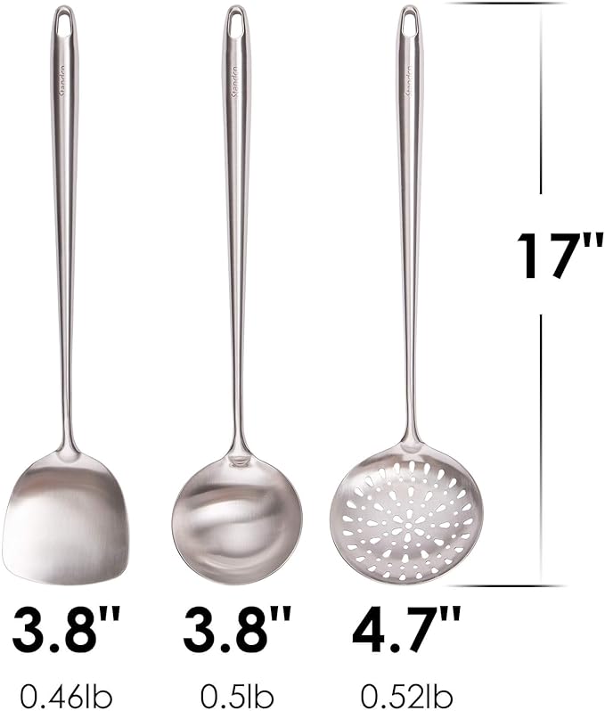 17??Wok Spatula and Ladle, Skimmer Spoon - 304 Stainless Steel Wok Tools Set, 3-Pieces Extra Long Handle Cooking Tools, All Metal Wok Utensils and Wok Accessories for Cast Iron/Carbon Steel Wok