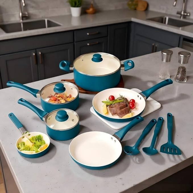 12 Piece Ceramic Nonstick Aluminum Pots and Pans Cookware Set Non-stick ceramic coating Suitable for all stoves except induction cooktops.