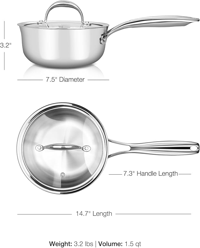 KEAWELL K3 Premium 1.5-Quart Tri-Ply Stainless Steel Saucepan with Lid, Induction & Oven Safe up to 600째F, Even Heating, Professional Cookware for All Stovetops (1.5-Qt)