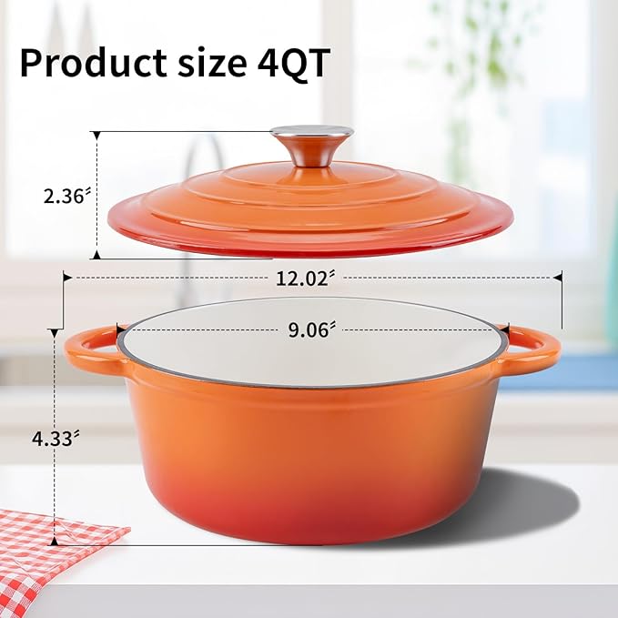 Enameled Cast Iron Dutch Oven Pot with Lid Heavy-Duty Cookware for Bread Baking,Braising,Stews,Roasting,Oven Safe up to 500째F,4QT,orange