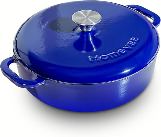 5.5 Quart Enameled Cast Iron Dutch Oven with Lid ??Dual Handles ??Oven Safe up to 500째 F or on Stovetop - Use to Marinate, Cook, Bake, Refrigerate and Serve ??Blue