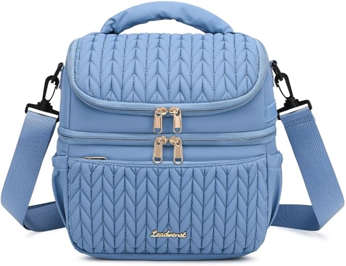 LEADVENST Lunch Bag Women, Double Deck Insulated Lunch Box - Large Capacity 12L with Detachable Divider for Tall Items, Leakproof, Durable & Reusable Cooler Bag For Work Picnic Travel, Quilted Blue