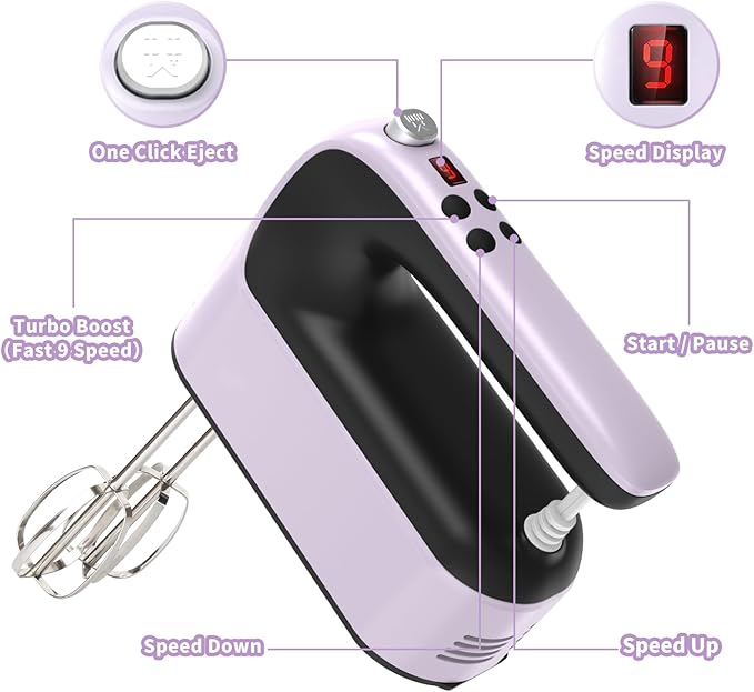 9-Speed Digital Hand Mixer Electric, 400W Powerful DC Motor, Baking Handheld with Snap-On Storage Case, 5 Stainless Steel Accessories, Flat Beaters, Dough Hooks, Whisk(Purple/Black)