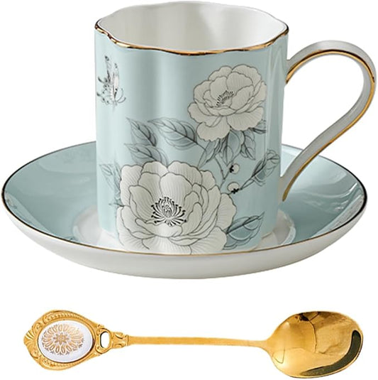 Floral Tea Cup and Saucer Set, Bone China Cup and Saucer with Spoon, Elegant Porcelain Coffee Cup with Gold Trim, Food Grade Coffee Mug for Women, Tea Party, Gifts Giving, 6.8 oz