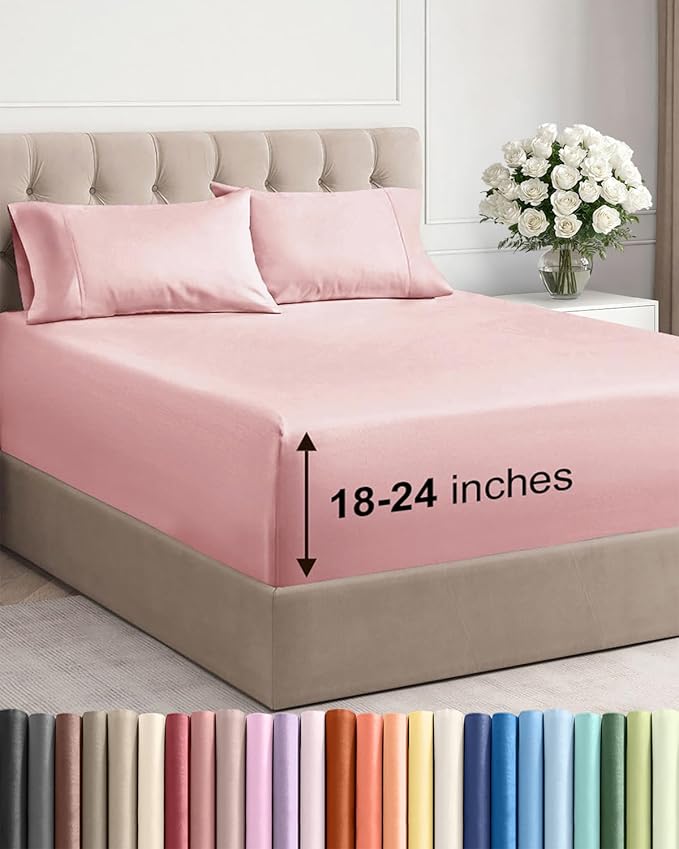 Extra Deep Pocket King Sheets - 4 Piece Breathable & Cooling Bed Sheets - Hotel Luxury Bed Sheet Set - Soft, Wrinkle Free & Comfy - Easily Fits Extra Deep Mattresses - Deep Pocket Baby Pink Sheets Set