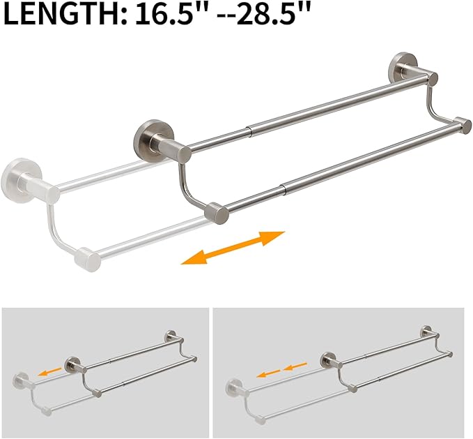 BESy Adjustable 16-26 Inches Double Bath Towel Bar for Bathroom SUS304 Stainless Steel Towel Holder, Hotel Style Wall Mount with Screws Hand Towel Bar Towel Rack Rod Hanger, Brushed Nickel Finish