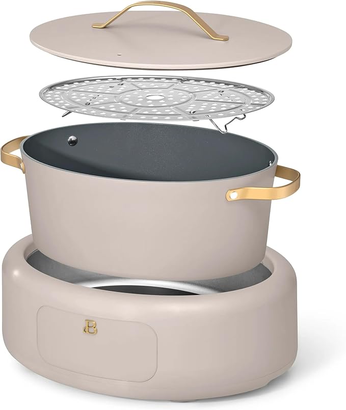 Beautiful 10-in-1 Electric Multi-Cooker by Drew Barrymore, 6-quart, digital display, 10 cooking functions, non-stick pot, easy one-touch control (Porcini Taupe)
