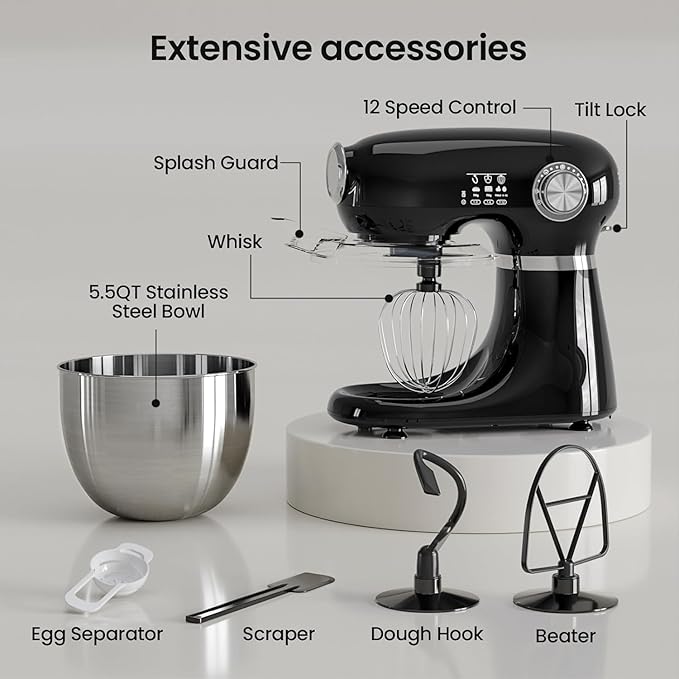 Kismile 5.5QT Tilt-Head Stand Mixer, 12-Speed Electric Kitchen Mixer with 304 Stainless Steel Bowl - Includes Dough Hook, Whisk, Beater for Baking Bread, Cakes, Cookies（Black）