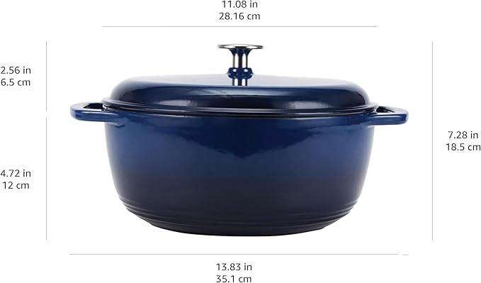Amazon Basics Cast Iron Dutch Oven Pot with Lid, Enameled, Round, Dual Handles, Heavy-Duty, Medium, 6-Quart, Navy