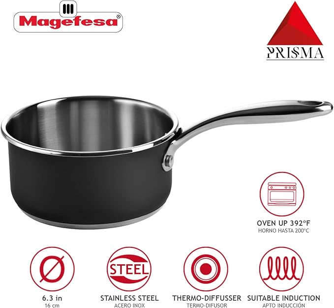 MAGEFESA Prisma - 6.3 inches Saucepan, made in 18/10 stainless steel, for all types of kitchens, INDUCTION, easy cleaning, dishwasher and oven safe up to 392쨘F