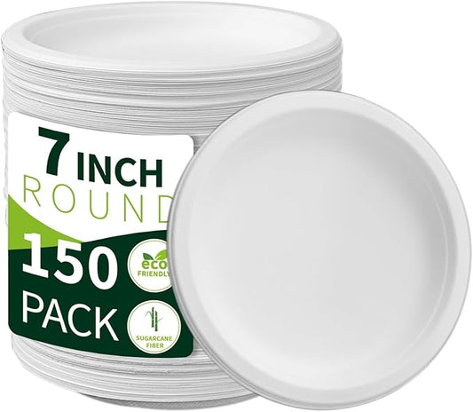 7 Inch Compostable Paper Plates ?륹hite 150 Pack?? 100% Sugarcane Bagasse Small Dessert Plates, Bulk Disposable Plates, Sturdy Heavy Duty, Biodegradable Dinnerware for Party, Picnic, BBQ
