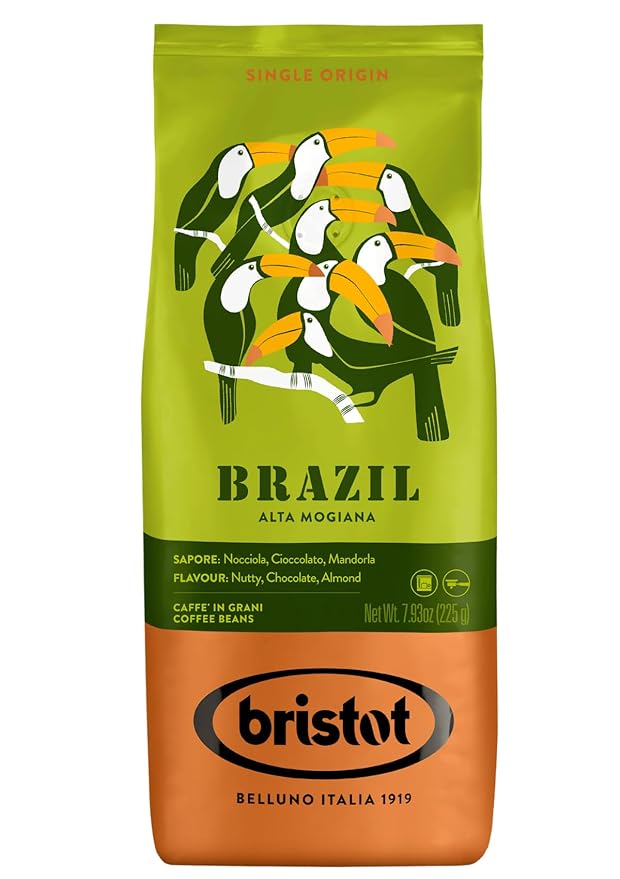 Bristot Single Origin Brazil Alta Mogiana ??Italian Espresso Beans ??100% Arabica ??Medium Roast ??Notes of Nutty, Chocolate & Almond ??7.93 oz ??225 g