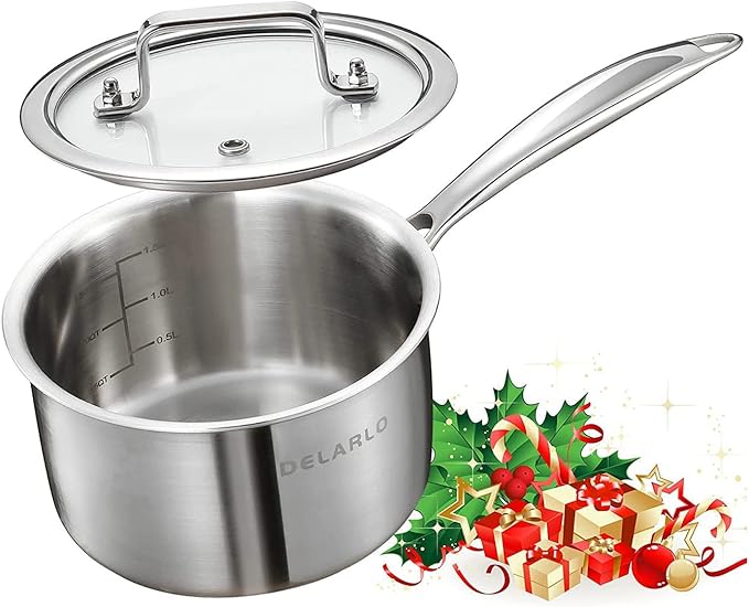 DELARLO Stainless Steel Small Brushed Saucepan With Lid, Induction Cooking Sauce Pot Pan, Full-body Clad Tri-Ply Heavy Bottom Saucier Cookware, Dishwasher Safe & Oven Safe(2 Quart)
