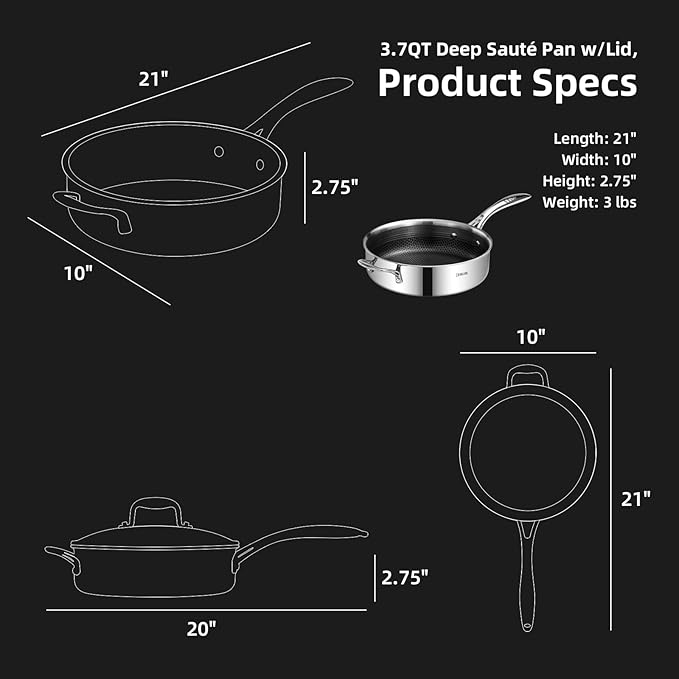 DELUXE Hybrid Ceramic Nonstick 3.7 Qt Deep Saut챕 Pan with Lid, Stainless Steel Skillet with Stay-Cool Handles, Dishwasher and Oven-Safe, PFOA Free Deep Frying Pan, Compatible with All Cooktops