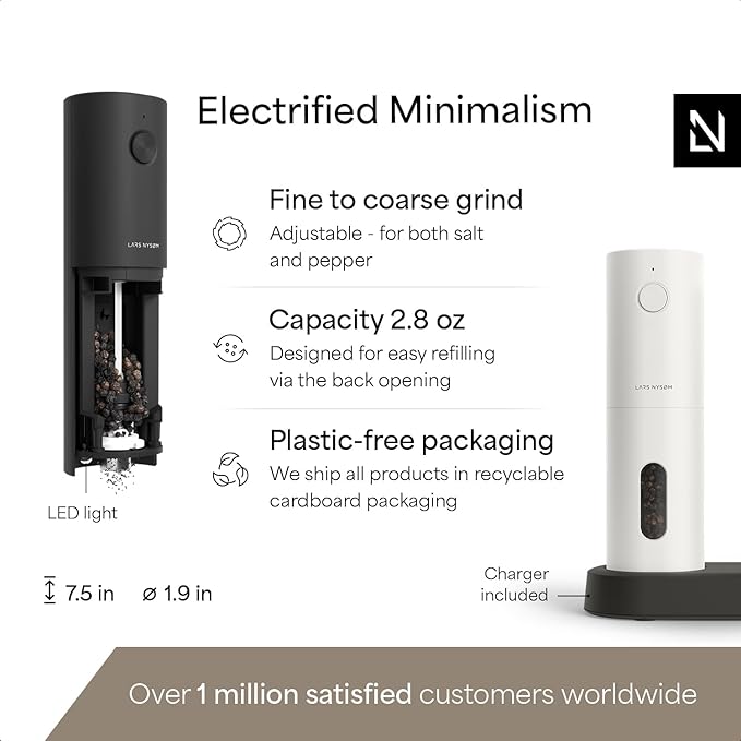 LARS NYS횠M Electric Salt and Pepper Grinder Set, USB Rechargeable, Automatic Salt and Pepper Mills, Spice Shakers Refillable with LED Light, Adjustable Coarseness, Ceramic Grinder (Black/White)