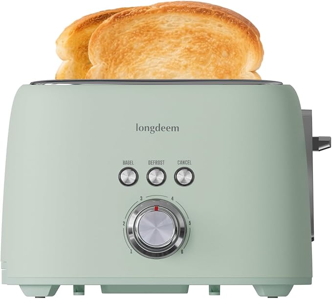 2 Slice Toaster - Stainless Steel, 1.5" Extra Wide Slots, 6 Browning Settings, Bagel/Defrost/Cancel Modes, Green