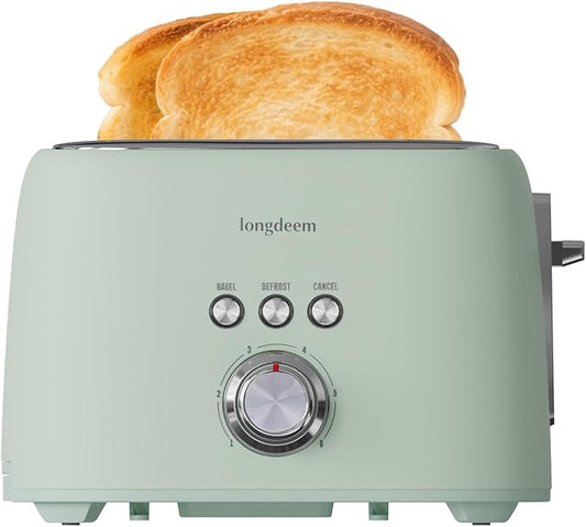 2 Slice Toaster - Stainless Steel, 1.5" Extra Wide Slots, 6 Browning Settings, Bagel/Defrost/Cancel Modes, Green