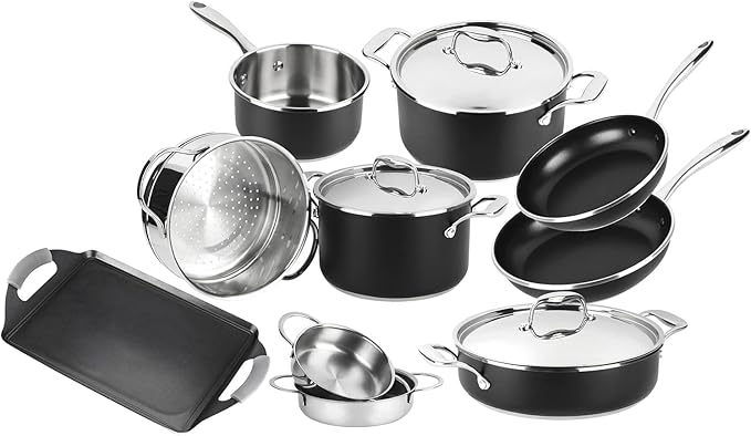MAGEFESA Prisma 13-Piece Stainless Steel Cookware Set ??Durable Pots & Pans with Nonstick Interior, Matte Black Exterior, Oven Safe up to 392째F